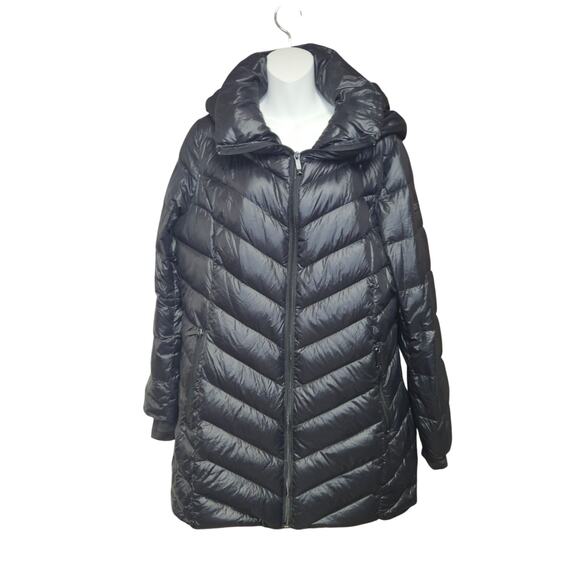 BCBG Max Azria Packable Premium Down Puffer Coat Womens L Hooded Longline Jacket - Picture 1 of 11